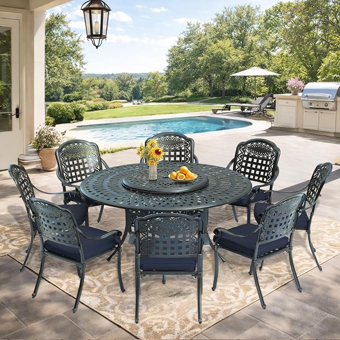 VIVIJASON 9-Piece Outdoor Furniture Dining Set, Rust-Free Cast Aluminum Patio Conversation Set, Include 8 Cushioned Chairs & 61" Round Dining Table with 31" Lazy Susan, Umbrella Hole, Navy Blue