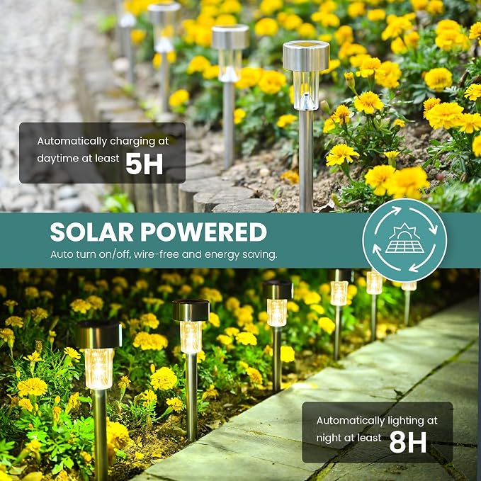 GIGALUMI 24 Pack Solar Lights Outdoor Waterproof, Stainless Steel | Solar Pathway Lights, Solar Garden Lights for Patio, Lawn, Yard and Landscape LED (Warm White)
