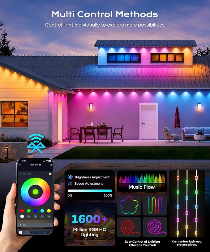 Permanent Outdoor Lights for House, 100ft Christmas RGB+IC Lights | 16 Million Colors & 50 Scene Modes, App/Remote Control, DIY Music Sync, Holiday Party Halloween Decor