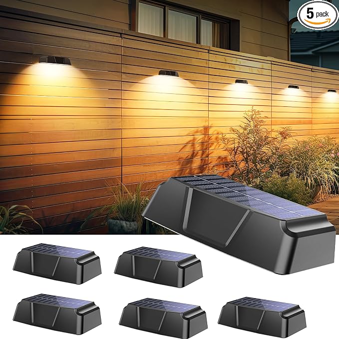 Brightown 5 Pack Solar Fence Lights Outdoor, 10 Colors, Waterproof | Solar Deck Light with Warm White, Cool White, RGB Color, Fade/Jump Modes, Solar Lights Outdoor for Outside Yard Step