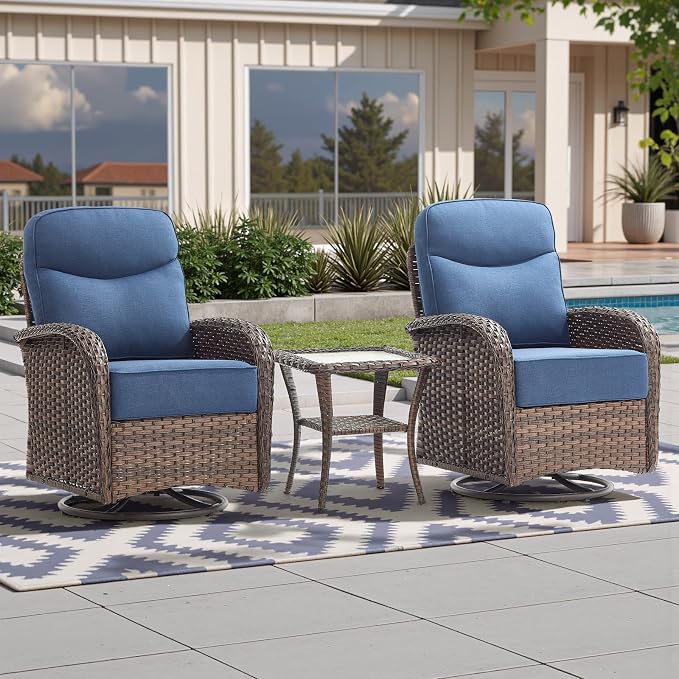 Luxury 6-Inch Cushion Outdoor Swivel Rocker Patio Chairs with Side Table, High Back Wicker Patio Furniture Set for Deck Porch Garden Balcony and Poolside Blue Cushion