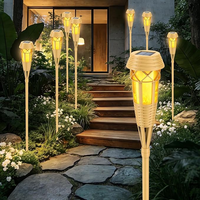 Flickering Flames Solar Powered Lights - Upgraded Solar Torches Waterproof Outdoor Decorative Lighting Auto On/Off, Handmade Bamboo Finish (Yellow-8pack-new)