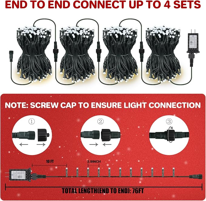 66ft 200 LED Christmas StringLights, End-to-End Plug 8 Modes Christmas Lights with Timer, OutdoorIndoor Fairy Lights Christmas Tree, Patio, Garden, Party, Wedding, Holiday, Cool White