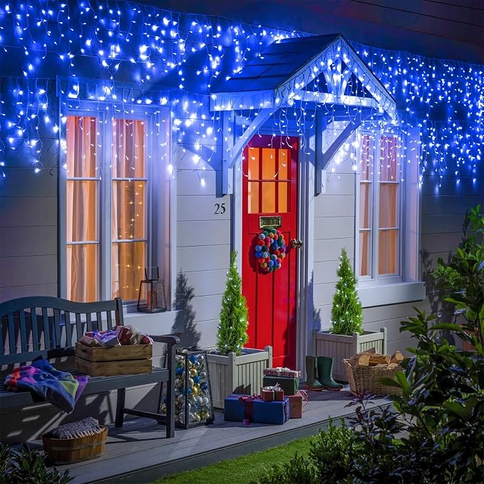 99ft Blue Christmas Lights Outdoor, 1216 LED Icicle Lights for Outside House with Clear Wire 8 Modes Timer, Plug in Waterproof for Home Holiday Eaves Yard Party Tree Room Wall Indoor Decoration