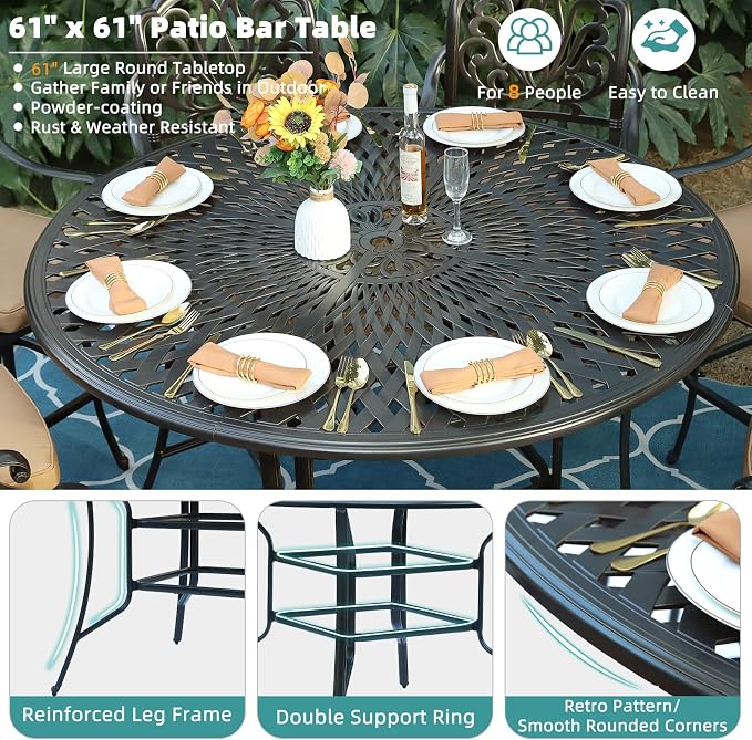 MEETWARM Patio High Bar Dining Table for 8 Person, All Weather Cast Aluminum 61" Large Round High Top Dining Table with 2" Umbrella Hole, Patio Bar Height Table for Garden Deck Backyard, Dark Bronze