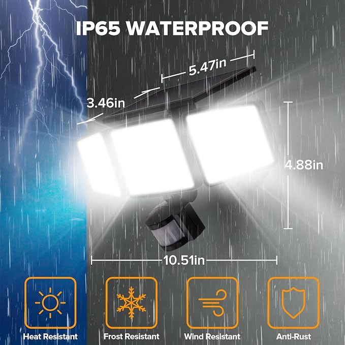 UME Solar Outdoor Lights 302 LED 3000LM, IP65 Waterproof Motion Sensor Outdoor Lights, 3 Heads Solar Security Flood Lights 270 Wide Lighting Angle with 3 Modes for Garden Patio Yard - 4 Pack