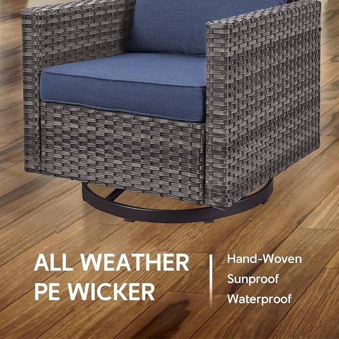 6 Piece Wicker Patio Furniture Set - Outdoor Swivel Rocker Chairs Set with Coffee Table, 3 Seat Sofa & Ottomans, Small Patio Conversation Sets Proch Furniture for Balcony Deck - Grey/Blue