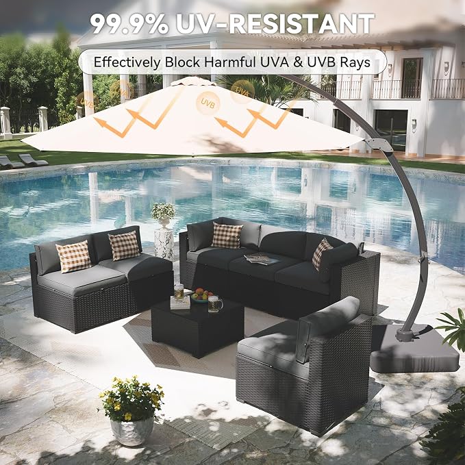 Aoxun Patio Furniture Set with Umbrella, 8 Piece Outdoor Sectional Sofas, Wicker Rattan Outdoor Furniture with Thickened Cushion for Backyard, Garden Light Grey
