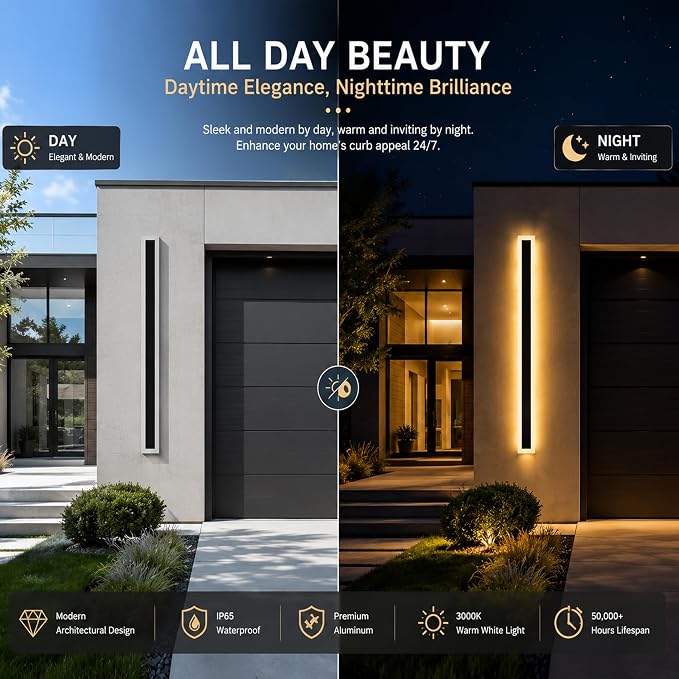 59inch-2Pack Long Outdoor Modern LED Wall Light,45W Waterproof IP65 Warm White 110V led Wall Mount Lighting Fixture Rectangular Black Wall Lights Elegant Frosted White Acrylic Anti Rust
