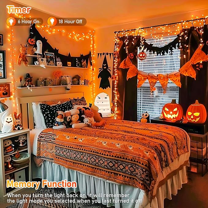 JMEXSUSS 150 LED Orange Halloween Lights Indoor, Fall Lights Plug in | 59Ft Connectable Orange String Lights Outdoor, 8 Modes Orange Lights for Halloween Thanksgiving Fireplace Tree Party Decor