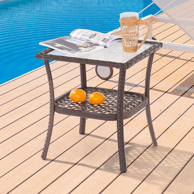 18'' Outdoor Side Table with Tempered Glass Top, Rattan Side Table with Storage, Square Wicker End Coffee Table for Patio Outside Balcony Porch Deck, Brown