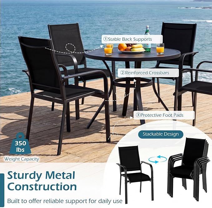Tangkula 5 Pieces Patio Dining Set for 4, Outdoor Square Table and Stackable Chairs with Umbrella Hole, Outside Furniture Set for Backyard, Garden and Deck (37",Black)