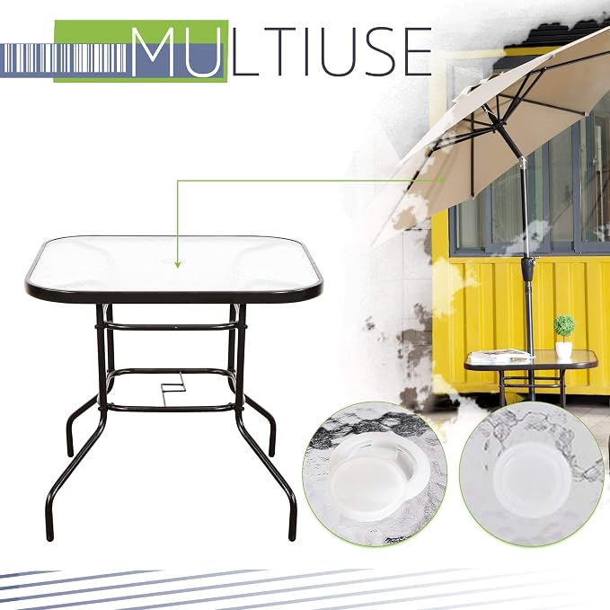 FurniTure Outdoor Patio Table Patio Tempered Glass Table 32" Patio Dining Tables with Umbrella Hole Perfect Garden Deck Lawn Square Table, Dark Chocolate