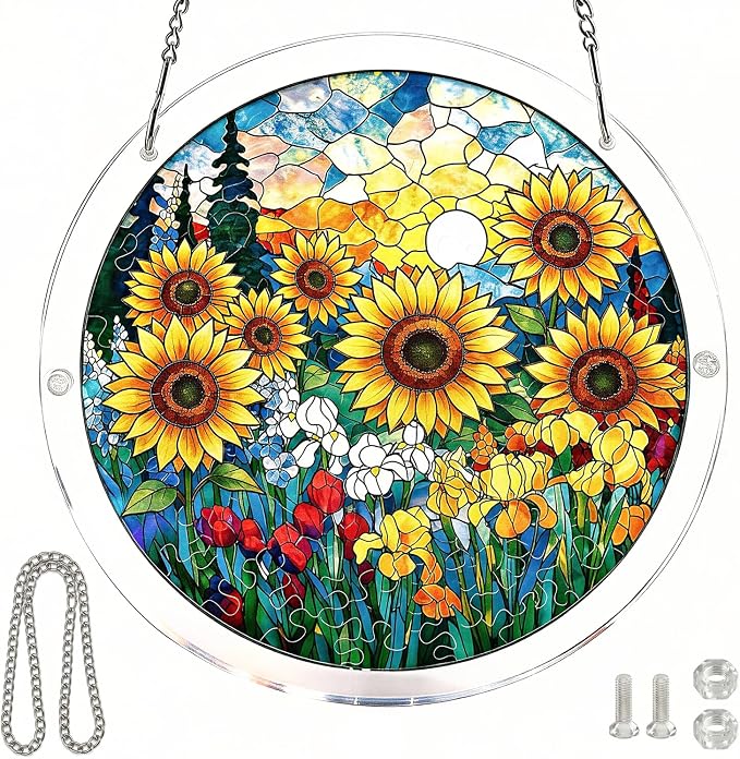 Acrylic Puzzles Sun Catcher Window Hanging, 7.5 Inch Sun Catcher Puzzle Kit for Garden Decoration DIY Acrylic Puzzle Kit Sun Catcher for Women Men Mom Birthday Gift Home Decor (Sunflower)