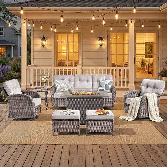 7 Piece Outdoor Patio Furniture Set with Fire Pit Table,Conversation Sectional Wicker Couch with Swivel Chairs,Modern Outside Sofa for Balcony Backyard, Brown/Beige