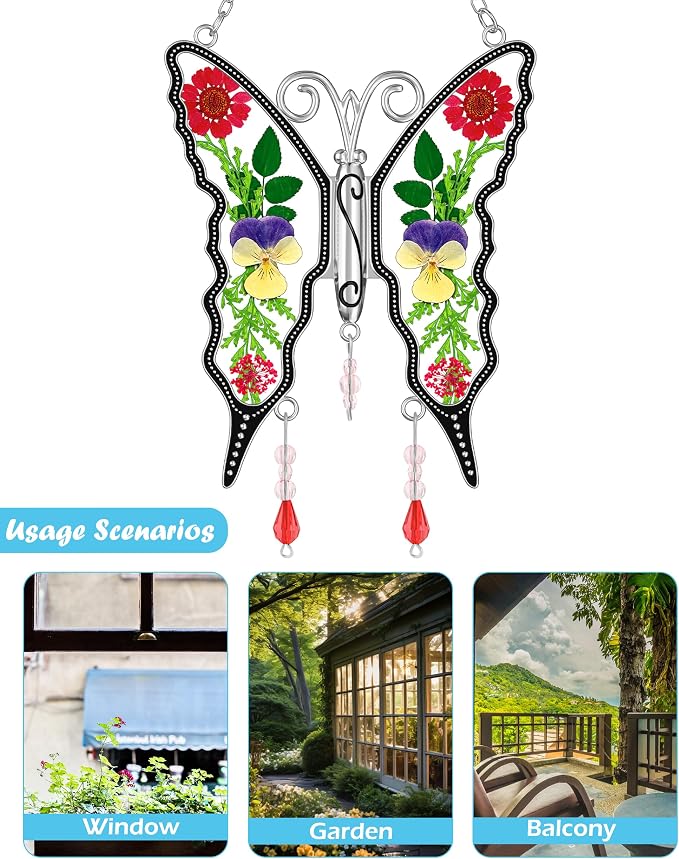 KY&BOSAM Pressed Flowers Butterfly Suncatcher Stained Glass Window Hanging | DIY Gift for Women Wind Chimes Ornament,Metal Frame & Dried Flowers in Glass,Mothers Day Gifts for Mom,Birthday,Christmas