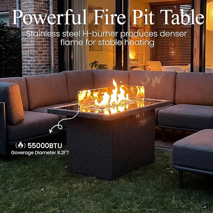 LayinSun 7 Pieces Patio Furniture Set with Fire Pit Table, Modern Outdoor Modular Sectional Conversation Set L-Shaped Sofa with 7-inch Cushion for Garden Backyard Deck