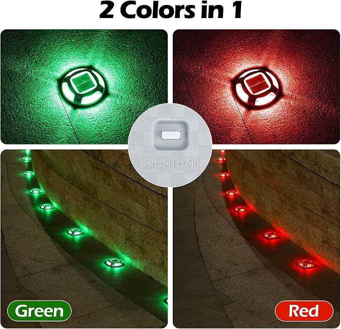 AGPTEK Solar Driveway Lights Outdoor 12 Pack, 2 Color Modes LED Deck Dock | Marine Waterproof Driveway Marker Lights for Step Sidewalk Stair Garden Pathway Walkway Yard (Green/Red)
