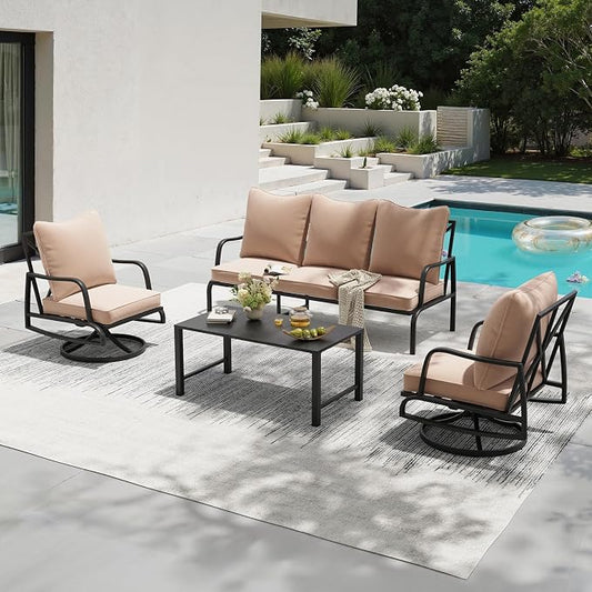 Soohow Patio Furniture Set, 4 Piece Outdoor Patio Furniture Set, 2 x Outdoor Swivel Chair, 1 x 3-Seats Sofa and 1 x Coffee Table, Metal Conversation Set for Porch, Balcony, and Backyard