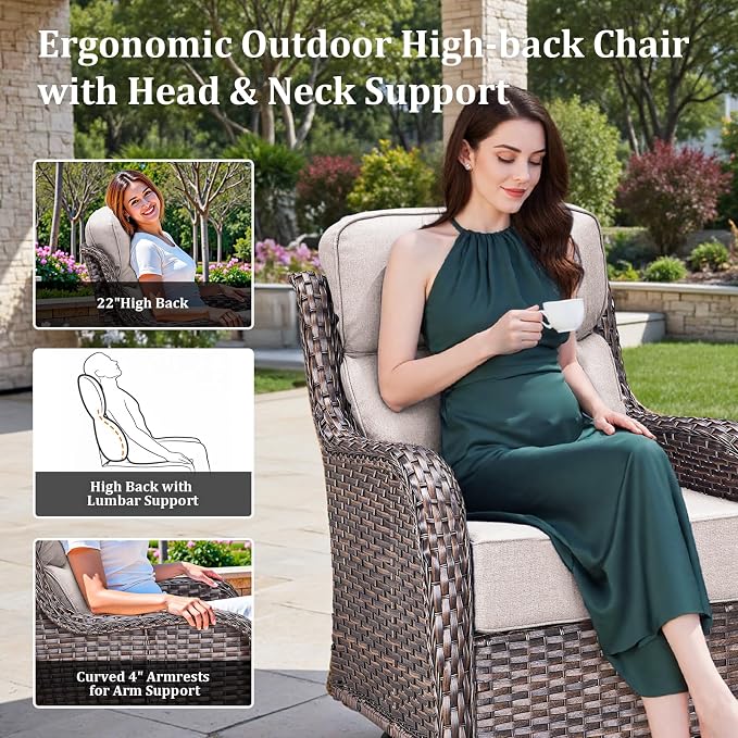 Luxury Patio Furniture Set with 42.5" Fire Pit Table, 8 Pieces High Back All Weather Wicker Outdoor Furniture w/ 6-Inch Thick Cushions, Patio Swivel Chairs Couch for Deck Balcony Backyard Brown/Beige