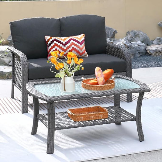 ovios 2-Piece Patio Furniture Set, Outdoor Wicker Sofa with Coffee Table, High Back Rattan Couch Loveseat with Comfy Cushions for Porch Yard Deck, Black