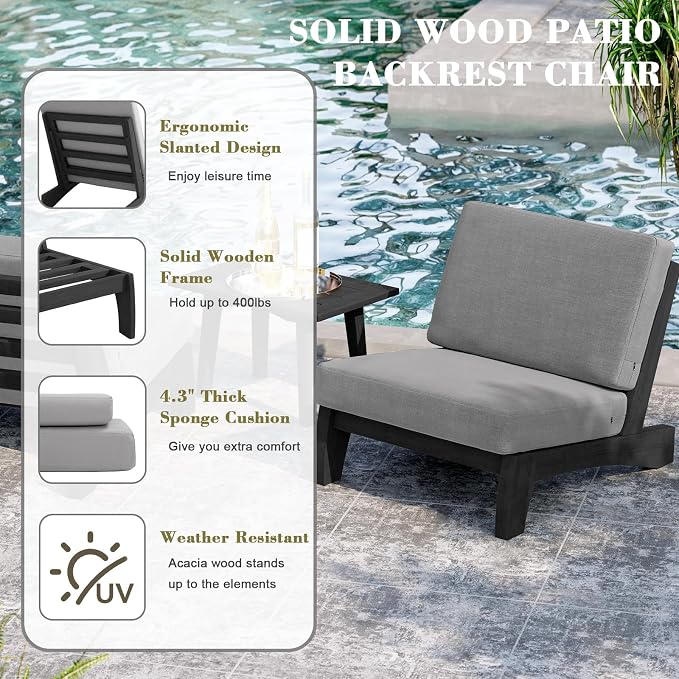 2 Piece Wood Patio Chairs Outdoor Bistro Chair, All Weather Outdoor Furniture Patio Sofa Backyard Seating Group Conversation Sets with Cushions, Gray