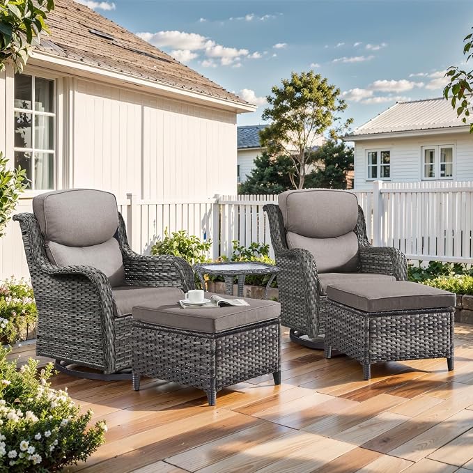 Outdoor Swivel Rocker Patio Chairs with 2 Ottomans - 5" Thick Cushion 5 Piece Furniture Set All Weather Wicker Conversation Set with Side Table for Porch Poolside and Deck - Gray/Gray