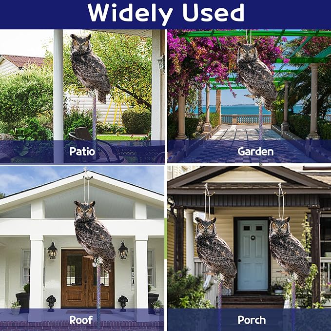 4PCS Fake Owl to Keep Pigeon Away from Balcony Hanging Flat Garden Owls with Reflective Tape Plastic Owl to Scare Squirrel for Outdoor Garden House Window Patio Yard Front Porch Backyard