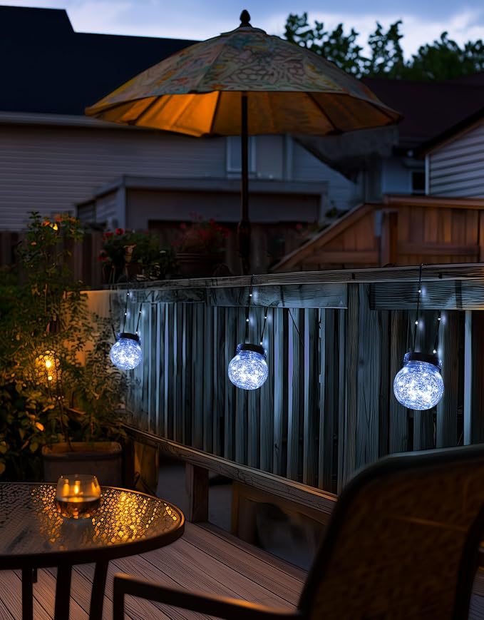 Solar Lights Outdoor Waterproof 12-Pack, Solar Powered Hanging Lantern Cracked Glass Hanging Globes for Yard Decor Christmas Decoration, Shepherd Hook, Garden Tree Ornaments, Cold White