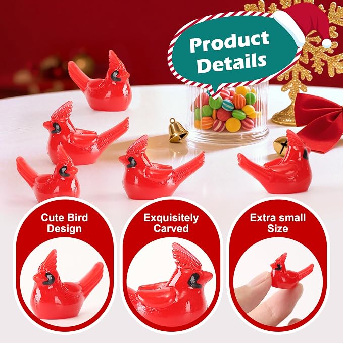 80 Pcs Mini Resin Red Cardinal Birds Christmas Tree Ornaments Bulk Tiny Animals Figurines for DIY Craft Supplies Mini Garden Decor Party Cake Toppers Dollhouses Xmas Gift