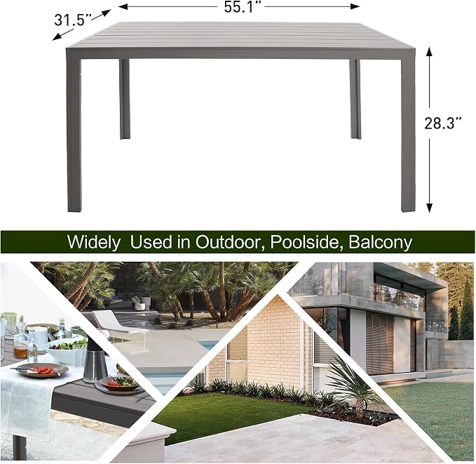LUCKYERMORE Outdoor Dining Table for 6 Person, Outdoor Patio Table with Slat Tabletop and Aluminum Frame, 55" x 31" Patio Dining Table Rectangle Table for Deck Garden Lawn Backyard, Grey