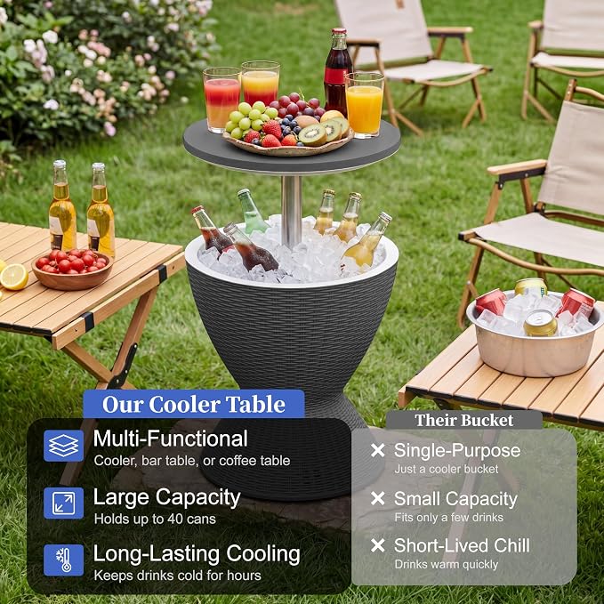 EFU Cooler Table, 8 Gallon Cooler Bar Table, Adjustable Height Multi-Functional Outdoor Cool Bar for Drinks Beer & Wine, with Drain Plug, Patio Furniture for Backyard, Pool, BBQ & Parties (Black)