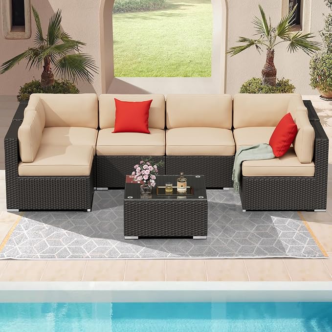 7 Pieces Outdoor Patio Furniture Set, Black Brown Wicker Patio Sectional Sofa Set, Outdoor Couch with Cushion and Tempered Glass Table, Brown
