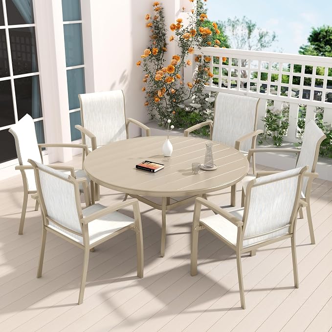 LUMISOL 7-Piece Outdoor Patio Dining Set, Patio Furniture Set with 4 Patio Stackable Dining Chairs and 40.6” Outdoor Metal Round Table, Sandstone