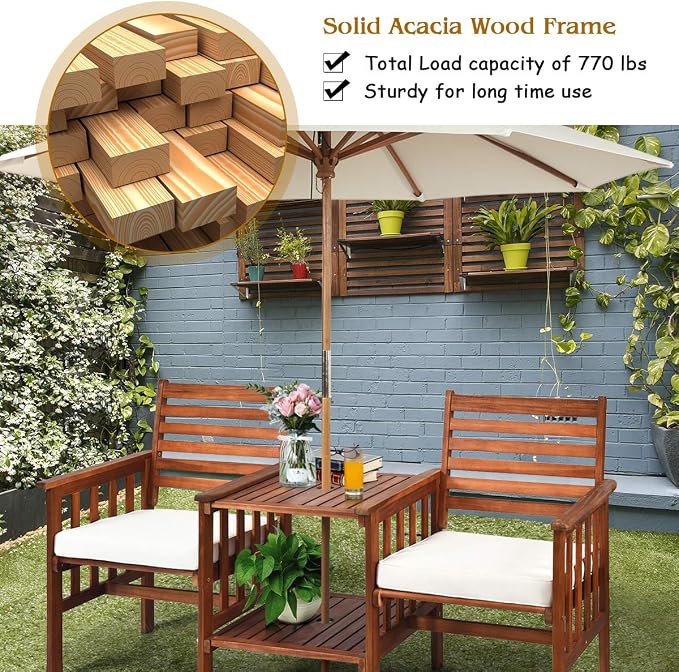 Tangkula Acacia Wood Loveseat, 3pcs Outdoor Table Chairs Set, Patio Conversation Set w/Coffee Table and Soft Cushions, 2.1-inch Umbrella Hole, 2-Seater Furniture Set (White)