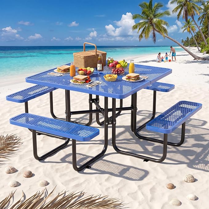 46" Square Metal Picnic Table with 1.73" Umbrella Hole, Commercial Steel Picnic Table, Heavy Duty Picnic Tables with Benches for Outdoor Garden Courtyard BBQ, Blue