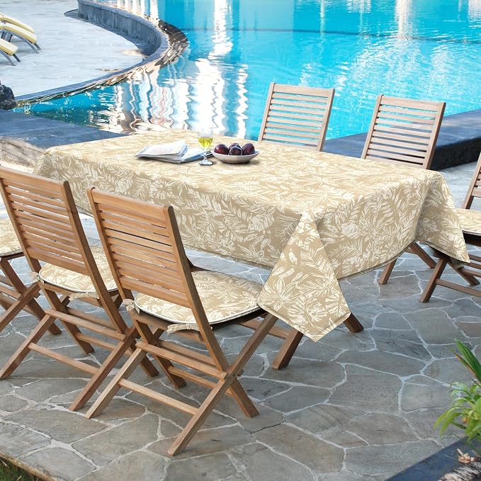 DYTXIII Outdoor Rectangle Tablecloth with Umbrella Hole and Zipper 84" x 60", Water Repellent Floral Picnic Cover, Fade & Wrinkle Resistant Tablecloth for Patio/Garden/Party Table, Tropical Leaf Oat