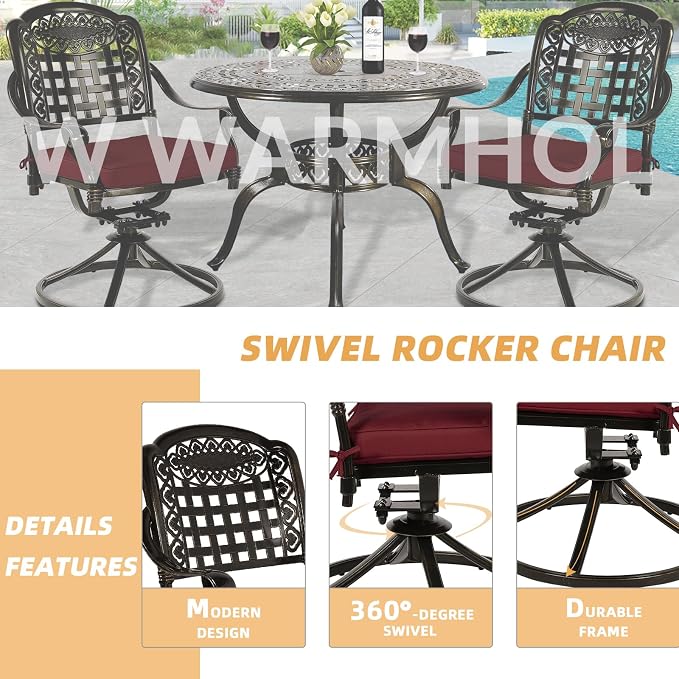 5 Piece Patio Dining Set, Outdoor Table and Chairs Set for 4 Cushioned Swivel Rocking Chairs and 38.5'' Round Table, All-Weather Cast Aluminum Patio Funiture Set, 2'' Umbrella Hole, Red