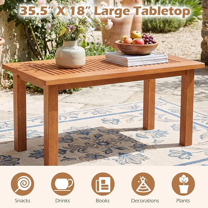 Tangkula 35.5 Inch Outdoor Coffee Table, Modern Rectangular Patio Table with Slatted Top, Teak Oil Finish, Solid Wood Coffee Table for Deck, Garden, Backyard, Indoor & Outdoor Use