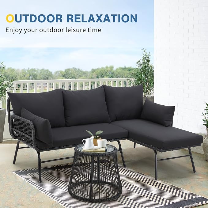 EROMMY 3 Piece Patio Conversation Sets, L-Shaped Sectional Patio Furniture Sofa Set with Thick Cushions and Toughened Glass Coffee Table for Backyard Balcony Garden Porch, Black
