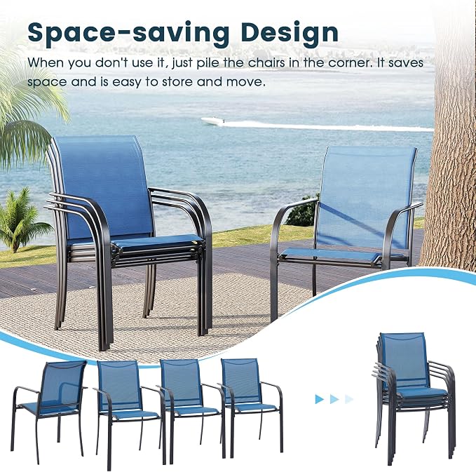 7 Pieces Patio Dining Set, 63" Rectangular Dining Table with Umbrella Hole, 6 Stackable Textilene Fabric Chairs, Metal Structure for Patio, Porch, Garden(Black Table, Blue Chair)