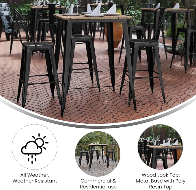 BizChair Commercial Outdoor Dining Table Bar Height, All Weather Poly Resin Top with Steel Base, 31.5" Square, Brown/Black