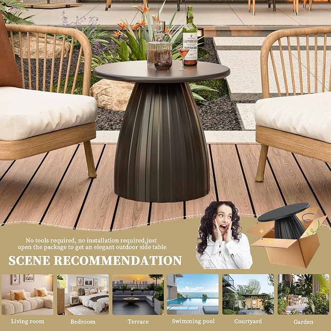 Round Metal Outdoor Patio Side Table, Steel Outdoor Accent Table, Black Small Patio End Table, for Garden, Pool, Yard, Balcony, Living Room, Deck, Weather Resistant, No Assembly
