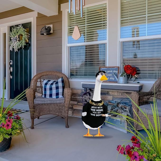 CAMDUCK 4 Pcs Porch Goose Outfit Glasses Gold Chain Mess with The Honk You Get The Bonk Warning Porch Sign Baseball Goose Clothes with Wood Bat for Cement Goose Statue Garden Lawn Outdoor Decor