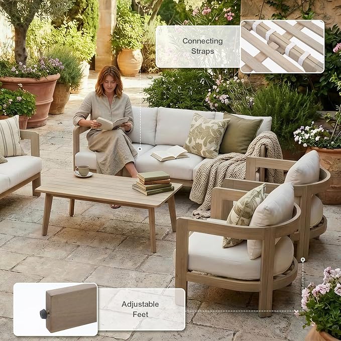 SUNSITT 4-Piece Outdoor Patio Furniture Set, Acacia Wood Conversation Set w/ 6.7" Thick Cushions, Curved Backrest Design, Modern Outdoor Set w/ 3-Seater Couch, Natural Color and Beige Cushions