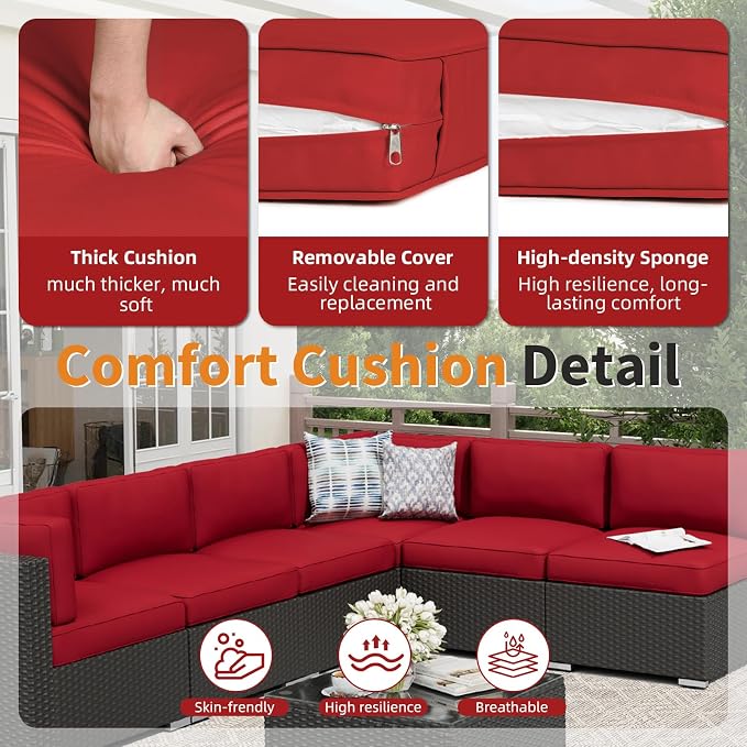 Oakcloud 7-Piece Outdoor Patio Furniture Black Rattan Wicker Sectional Sofa Conversation Set with Glass Top Table and Cushions (Red)