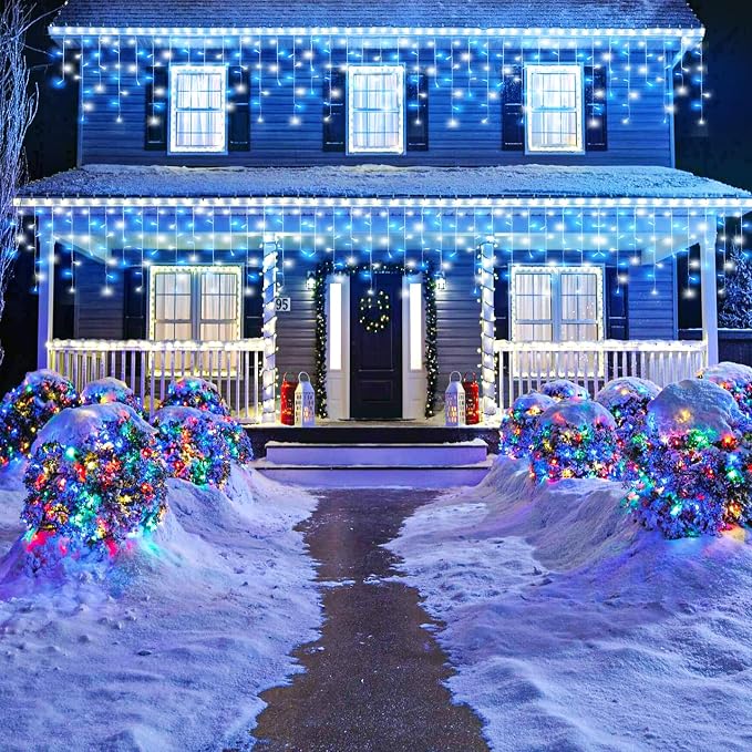 Blue and White Christmas Lights 66ft 640 LED Icicle Lights for Outside | Clear Wire Connectable Twinkle Lights with 8 Modes Timer Waterproof for House Window Party Tree Holiday Patio Yard Home Decor