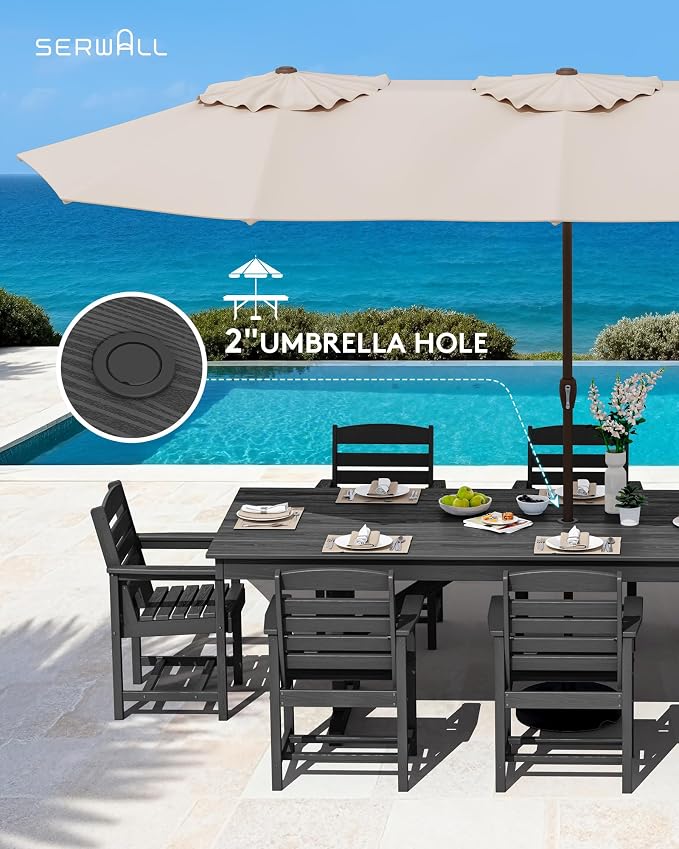 SERWALL 10 Piece Outdoor Dining Set with 15ft Triple-Head Foldable Umbrella(Based not Included), 84" HDPE Outdoor Table and Chairs for 8, Black