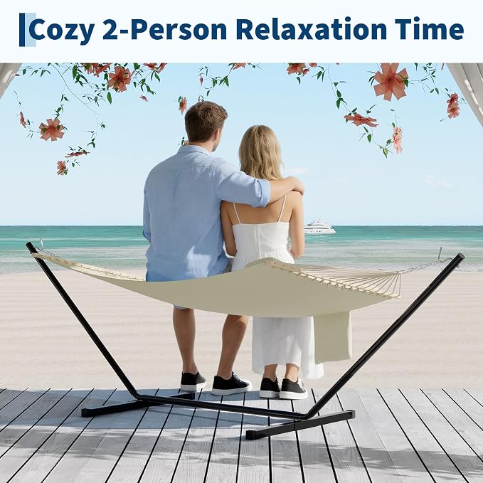 PrecisionAuto Double Quilted Fabric Hammock with Spreader Bar & Detachable Pillow, 12FT Two Person Outdoor Swing Bed Supports 450LBS for Patio Backyard Poolside Relaxation