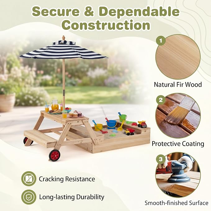 HONEY JOY Kids Picnic Table with Sandbox, Fir Wood Toddler Outdoor Table & Chair Set w/Wheels, Removable Umbrella & Sensory Bin, Children Convertible Outdoor Furniture for Backyard Patio Garden (Blue)